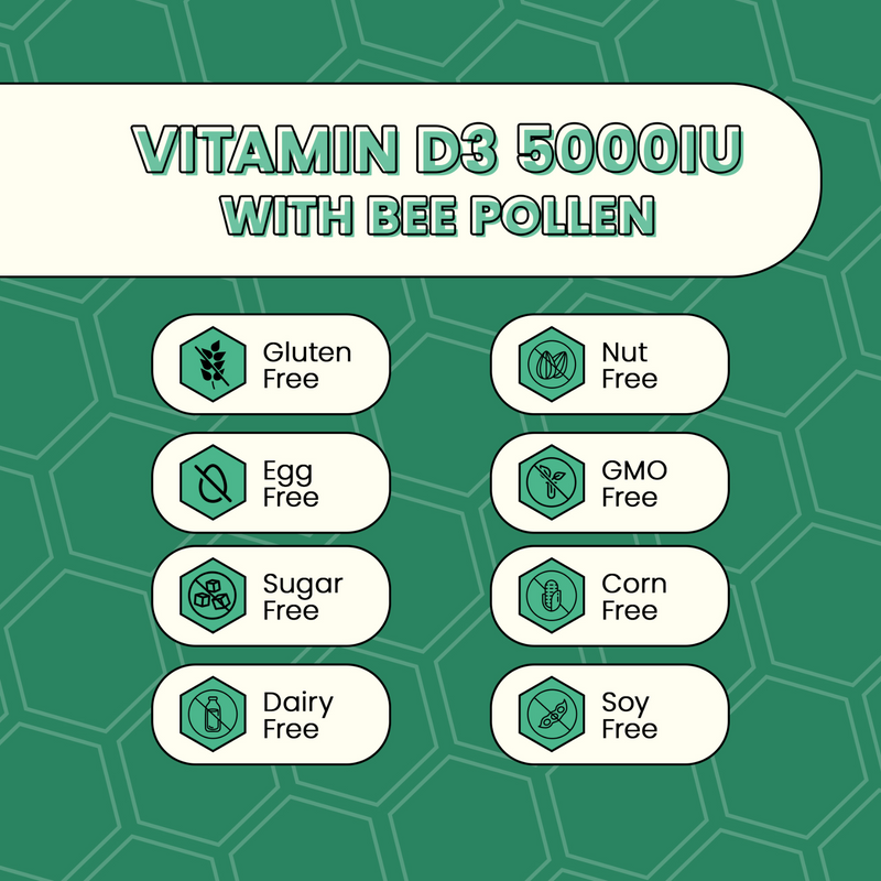 Vitamin D3 5000iu + Ultra Premium Bee Pollen 250mg | Plant-Based Capsules - Royal B Essentials