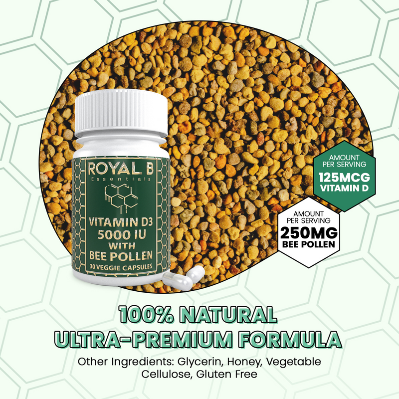 Vitamin D3 5000iu + Ultra Premium Bee Pollen 250mg | Plant-Based Capsules - Royal B Essentials