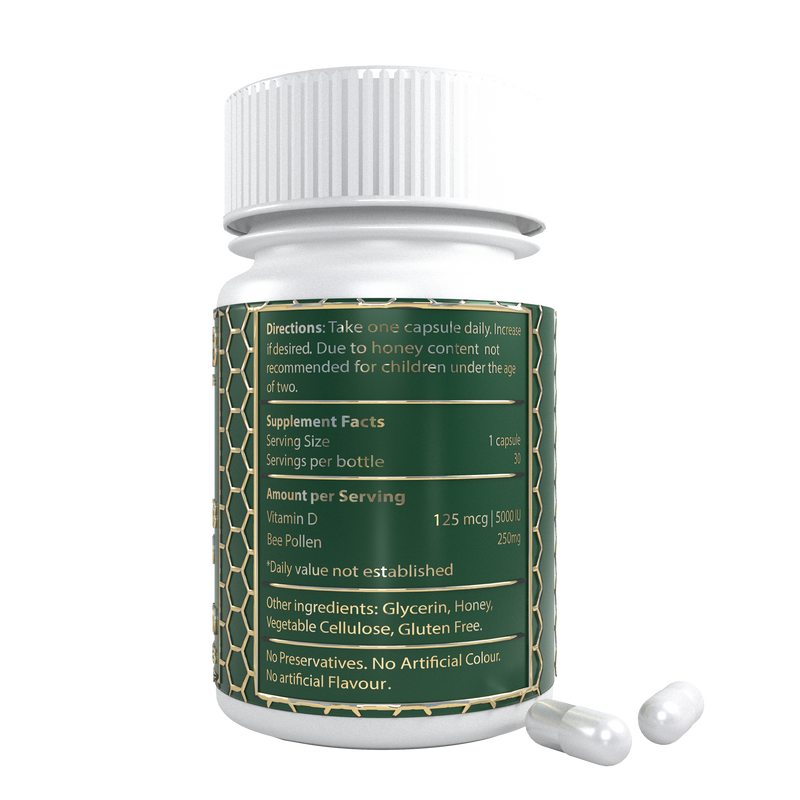Plant-based Vitamin D3 5000iu Maximum Strength + Ultra-premium Bee Pollen 250mg in each Easy-Swallow Vegan capsule | 100% Natural supplement – For Immune support & Healthy Teeth, Bones & muscles - Better Calcium Absorption | by Royal B Essentials. - Royal B Essentials