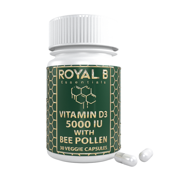 Plant-based Vitamin D3 5000iu Maximum Strength + Ultra-premium Bee Pollen 250mg in each Easy-Swallow Vegan capsule | 100% Natural supplement – For Immune support & Healthy Teeth, Bones & muscles - Better Calcium Absorption | by Royal B Essentials. - Royal B Essentials